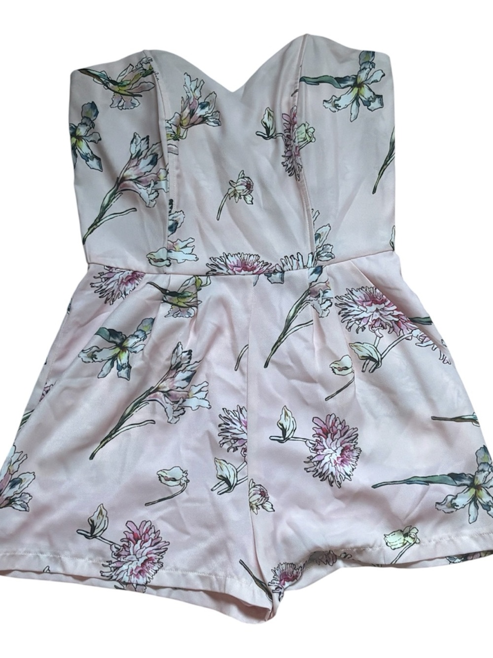 Womens Pink Floral Strapless Romper with Boning